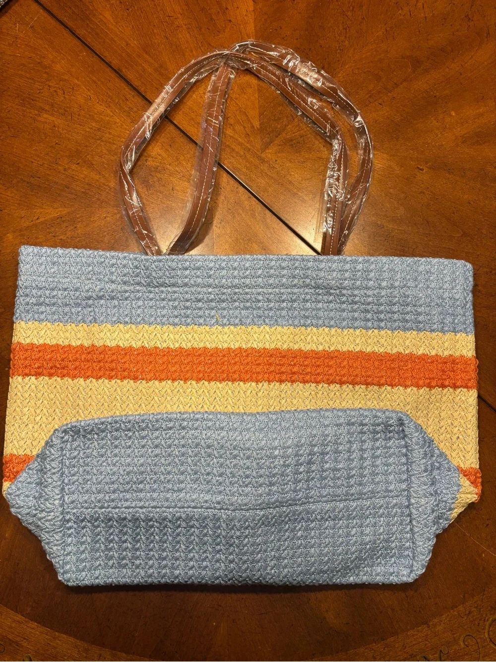 Miu Blue & Cream Striped raffia Straw Tote Bag beach sun nwot - Picture 5 of 7
